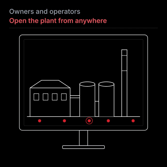 Line drawing of a computer monitor displaying an industrial plant with red scan location markers