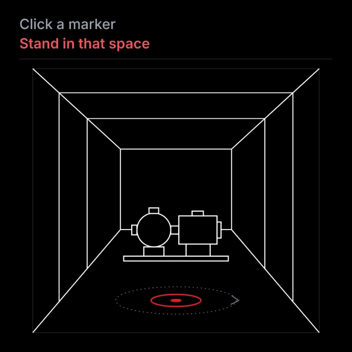 Line drawing of a room in perspective with a pump at the far wall and a red location marker on the floor