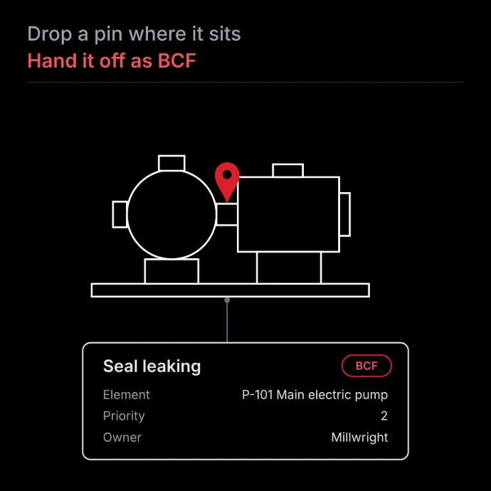 Line drawing of a pump with a red pin on the seal and an issue card showing the element, priority and owner